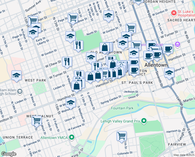 map of restaurants, bars, coffee shops, grocery stores, and more near 1123 West Court Street in Allentown
