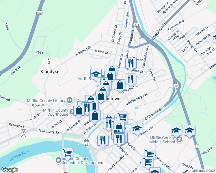 map of restaurants, bars, coffee shops, grocery stores, and more near 45 Valley Street in Lewistown