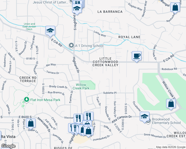 map of restaurants, bars, coffee shops, grocery stores, and more near 2131 Oak Haven Place in Sandy