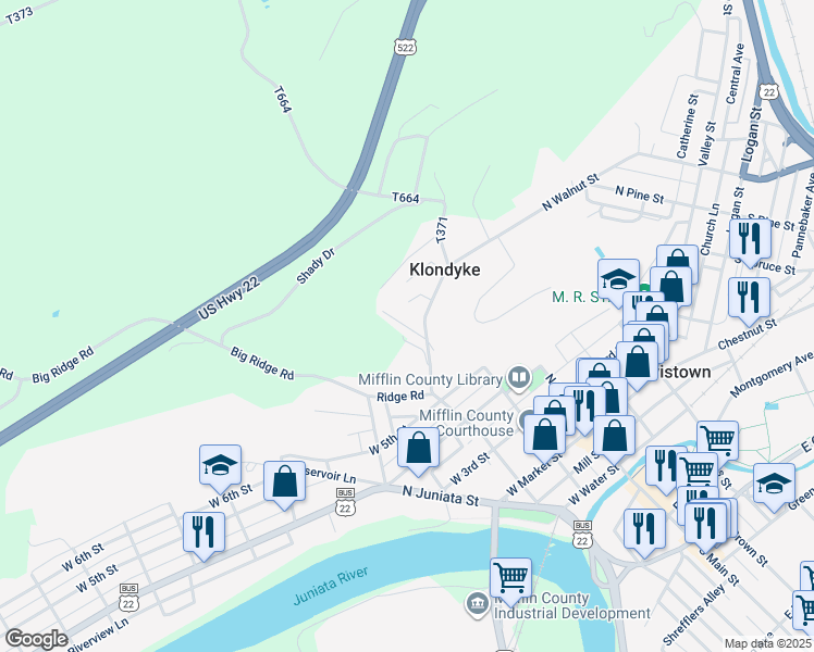 map of restaurants, bars, coffee shops, grocery stores, and more near Henderson Street in Lewistown