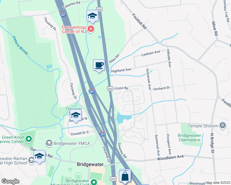 map of restaurants, bars, coffee shops, grocery stores, and more near 17 Cain Court in Bridgewater Township