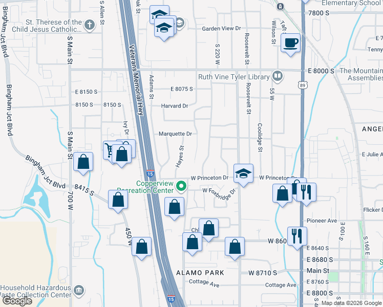 map of restaurants, bars, coffee shops, grocery stores, and more near 8298 Harrison Street in Midvale