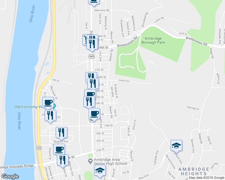 map of restaurants, bars, coffee shops, grocery stores, and more near 917 18th Street in Ambridge