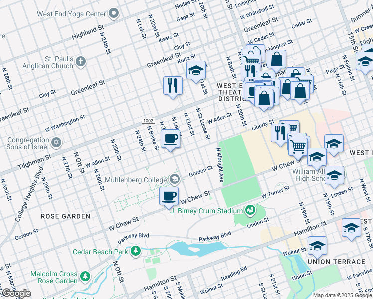 map of restaurants, bars, coffee shops, grocery stores, and more near 2223 Liberty Street in Allentown