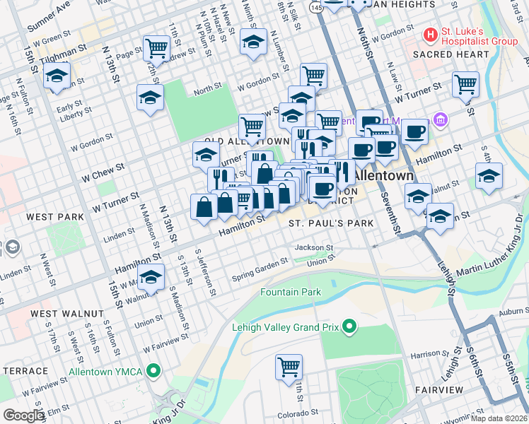 map of restaurants, bars, coffee shops, grocery stores, and more near 1009 Hamilton Street in Allentown