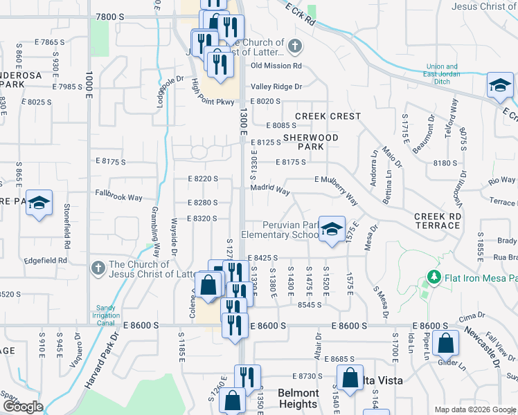 map of restaurants, bars, coffee shops, grocery stores, and more near 8286 South Valencia Circle in Sandy