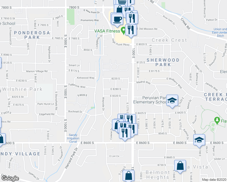 map of restaurants, bars, coffee shops, grocery stores, and more near 1200 East 8280 South in Sandy
