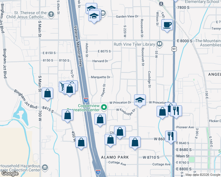 map of restaurants, bars, coffee shops, grocery stores, and more near 8298 Harrison Street in Midvale