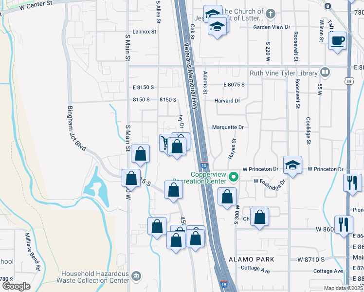 map of restaurants, bars, coffee shops, grocery stores, and more near 537 Tiffany Town Drive in Midvale