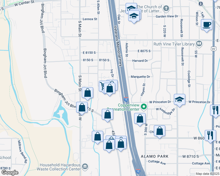 map of restaurants, bars, coffee shops, grocery stores, and more near 537 Tiffany Town Drive in Midvale