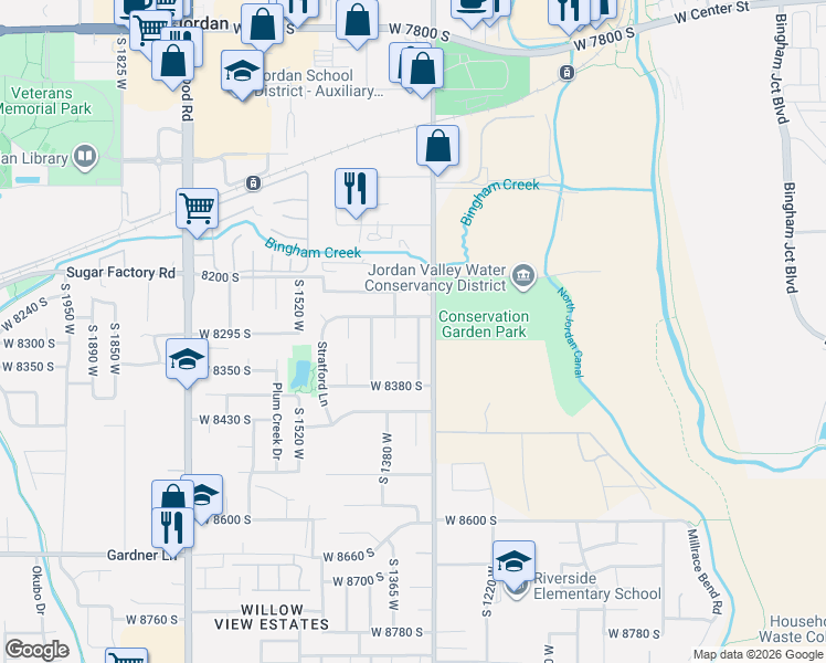 map of restaurants, bars, coffee shops, grocery stores, and more near 8294 South 1320 West in West Jordan