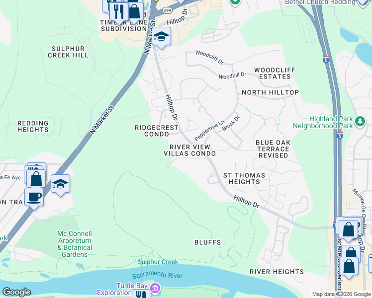 map of restaurants, bars, coffee shops, grocery stores, and more near 320 Hilltop Drive in Redding