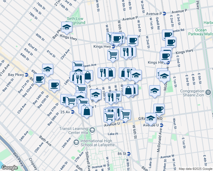 map of restaurants, bars, coffee shops, grocery stores, and more near 112 Avenue S in Brooklyn