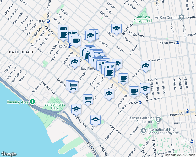 map of restaurants, bars, coffee shops, grocery stores, and more near 38 Bay 32nd Street in Brooklyn