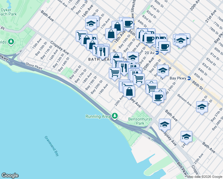 map of restaurants, bars, coffee shops, grocery stores, and more near 260 Bay 22nd Street in Brooklyn