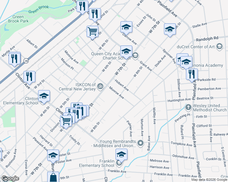map of restaurants, bars, coffee shops, grocery stores, and more near 972-80 West 8th Street in Plainfield