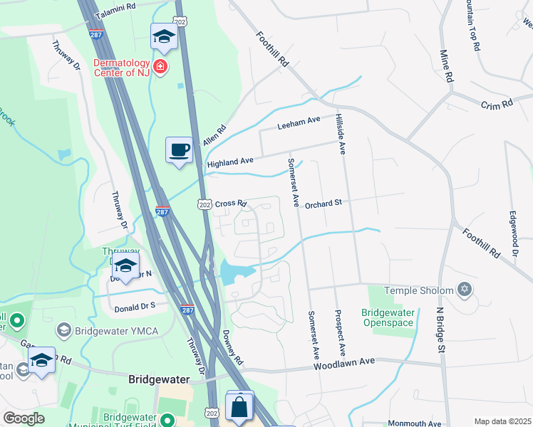 map of restaurants, bars, coffee shops, grocery stores, and more near 177 Northfield Road in Bridgewater Township