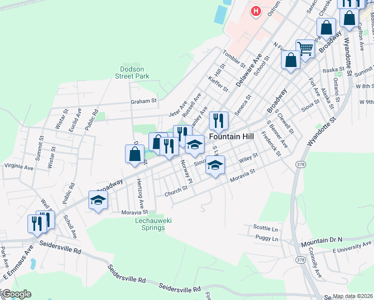 map of restaurants, bars, coffee shops, grocery stores, and more near 1303 Broadway in Fountain Hill