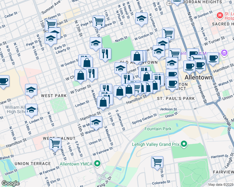 map of restaurants, bars, coffee shops, grocery stores, and more near in Allentown