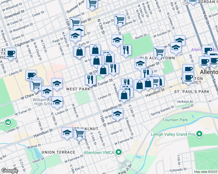 map of restaurants, bars, coffee shops, grocery stores, and more near 118 North Madison Street in Allentown