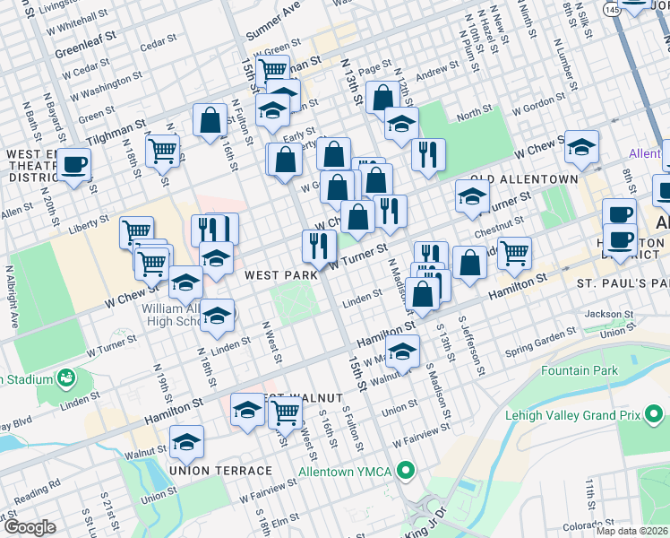 map of restaurants, bars, coffee shops, grocery stores, and more near 137 North 15th Street in Allentown