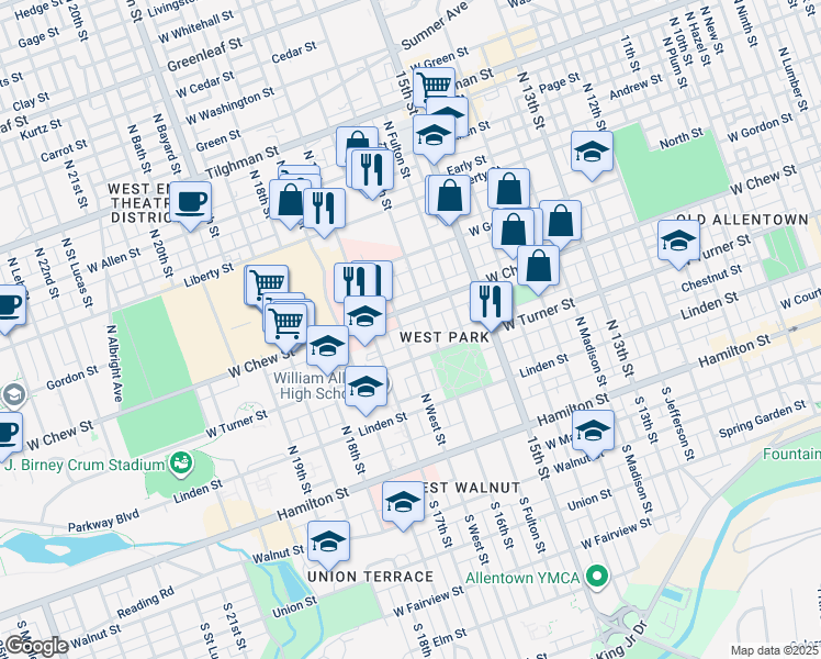 map of restaurants, bars, coffee shops, grocery stores, and more near 222 North 16th Street in Allentown