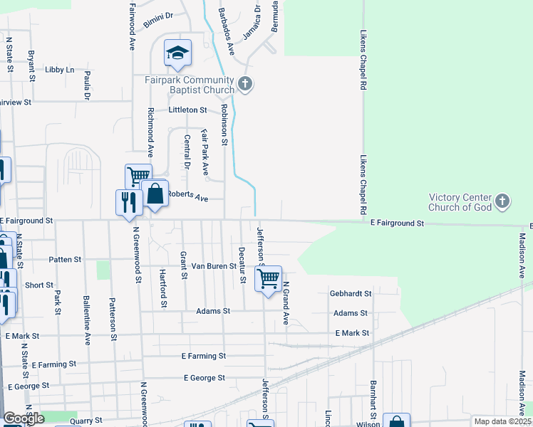 map of restaurants, bars, coffee shops, grocery stores, and more near 693 East Fairground Street in Marion