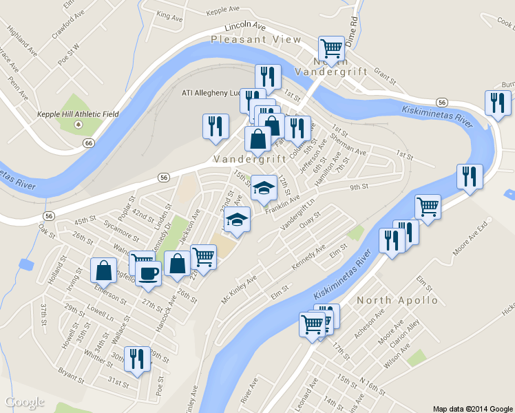 map of restaurants, bars, coffee shops, grocery stores, and more near 131 E Adams Ave in Vandergrift