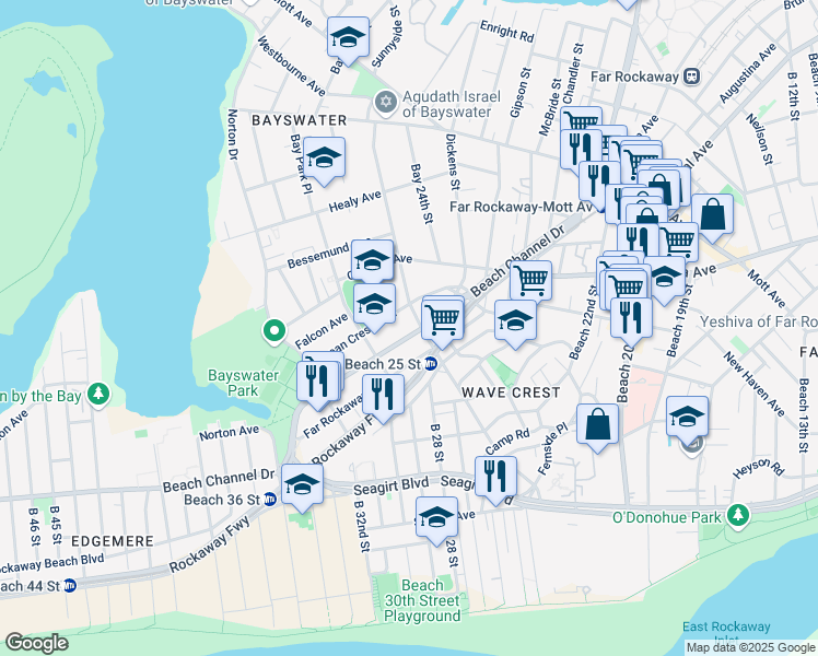 map of restaurants, bars, coffee shops, grocery stores, and more near 25-10 Beach Channel Drive in Queens
