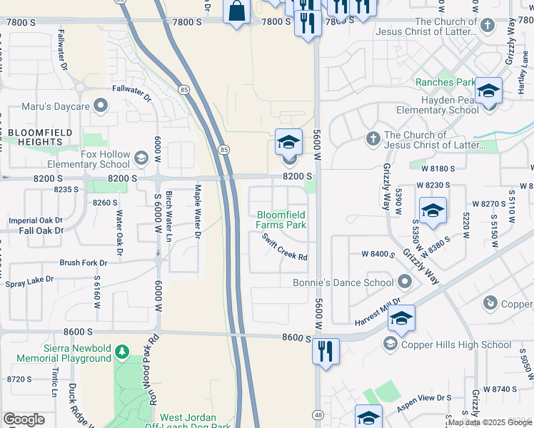 map of restaurants, bars, coffee shops, grocery stores, and more near 8298 Sky Meadow Drive in West Jordan