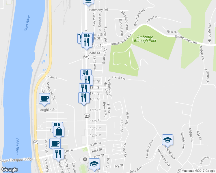 map of restaurants, bars, coffee shops, grocery stores, and more near 921 18th Street in Ambridge