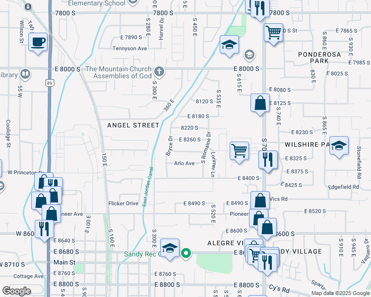 map of restaurants, bars, coffee shops, grocery stores, and more near 411 East Bradley Way in Sandy