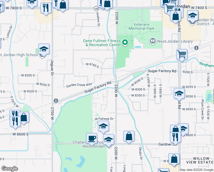 map of restaurants, bars, coffee shops, grocery stores, and more near 2251 Sugar Factory Rd in West Jordan
