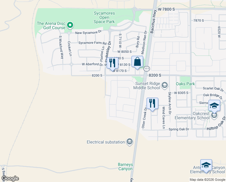 map of restaurants, bars, coffee shops, grocery stores, and more near 8306 Allison Bend Drive in West Jordan