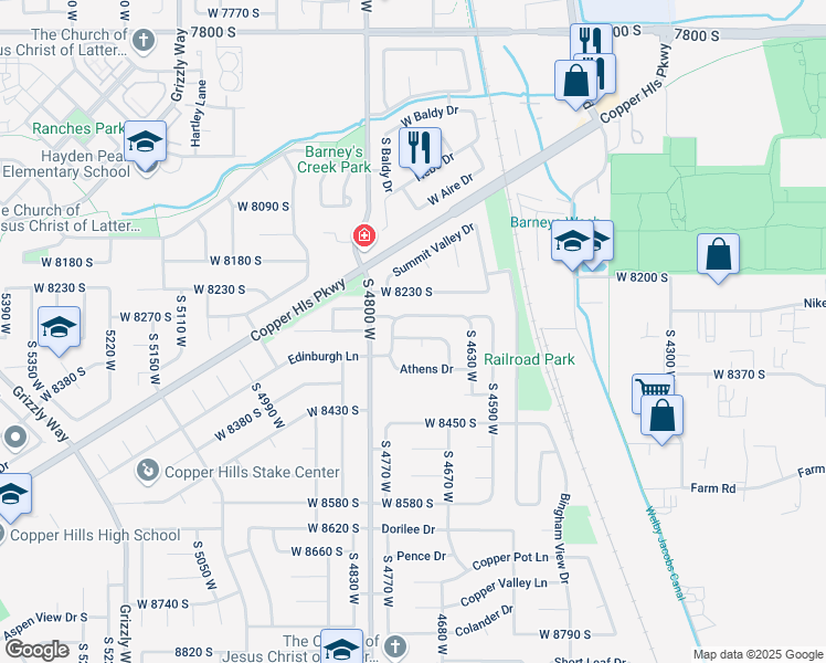 map of restaurants, bars, coffee shops, grocery stores, and more near 4732 Helenic Lane in West Jordan