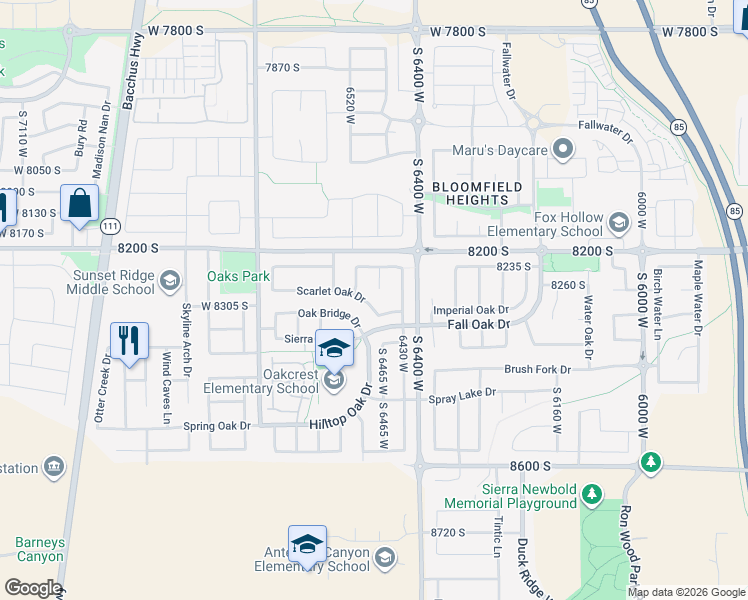 map of restaurants, bars, coffee shops, grocery stores, and more near 6484 Scarlet Oak Dr in West Jordan
