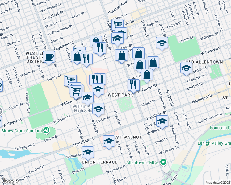 map of restaurants, bars, coffee shops, grocery stores, and more near 222 North 16th Street in Allentown