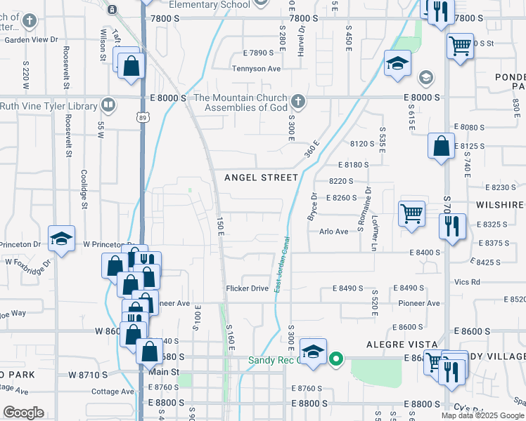 map of restaurants, bars, coffee shops, grocery stores, and more near 241 East Julie Anna Drive in Sandy
