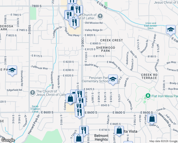 map of restaurants, bars, coffee shops, grocery stores, and more near 8286 South Valencia Circle in Sandy