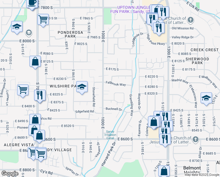 map of restaurants, bars, coffee shops, grocery stores, and more near 8284 South Fallbrook Circle in Sandy