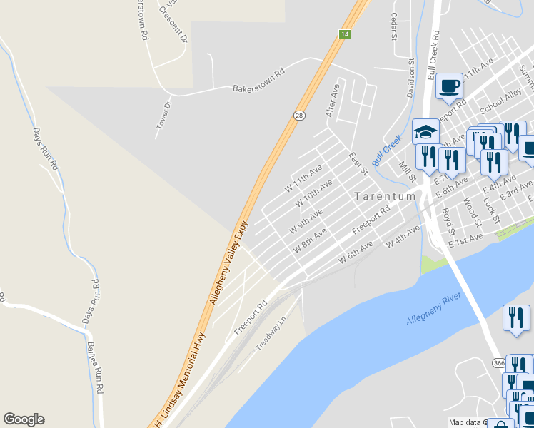 map of restaurants, bars, coffee shops, grocery stores, and more near 1016 Grantham Street in Tarentum