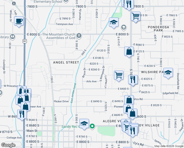 map of restaurants, bars, coffee shops, grocery stores, and more near 411 East Bradley Way in Sandy