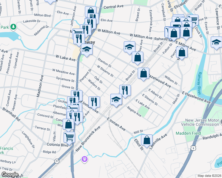 map of restaurants, bars, coffee shops, grocery stores, and more near 24 West Lake Avenue in Rahway