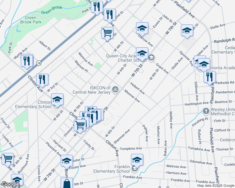 map of restaurants, bars, coffee shops, grocery stores, and more near 1020 West 7th Street in Plainfield