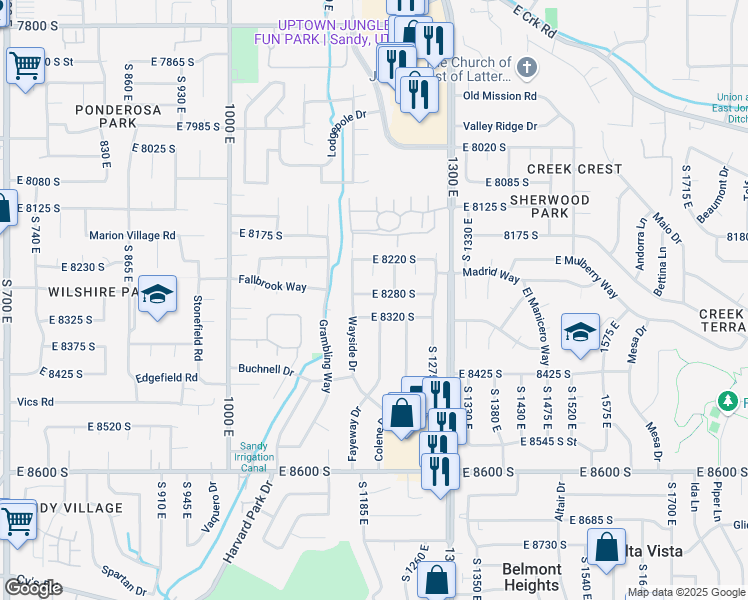 map of restaurants, bars, coffee shops, grocery stores, and more near 1200 East 8280 South in Sandy