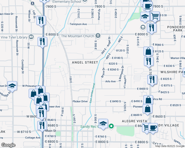 map of restaurants, bars, coffee shops, grocery stores, and more near 8287 Julie Anna Court in Sandy