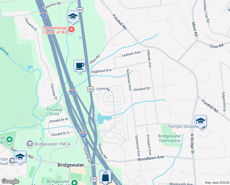 map of restaurants, bars, coffee shops, grocery stores, and more near 177 Northfield Road in Bridgewater Township