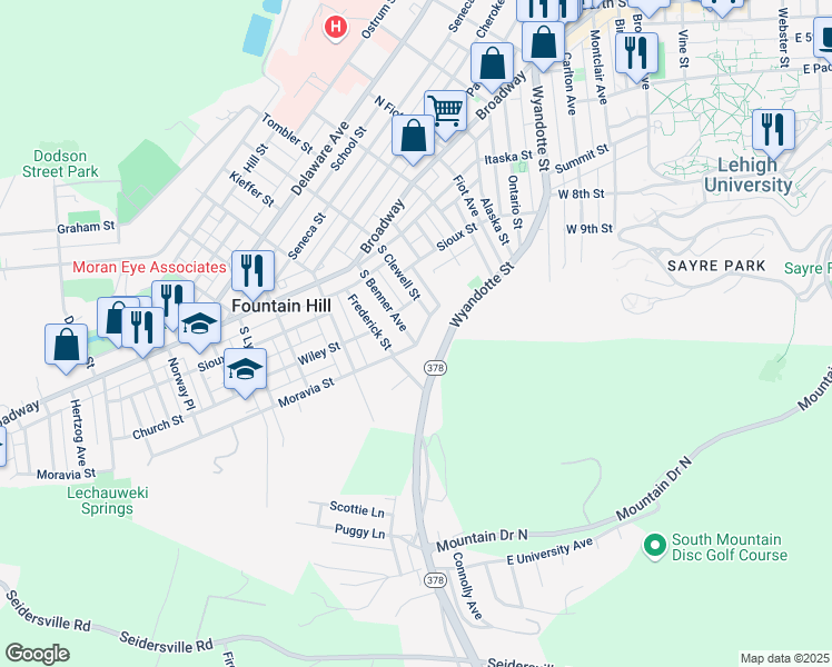 map of restaurants, bars, coffee shops, grocery stores, and more near 99 South Benner Avenue in Bethlehem