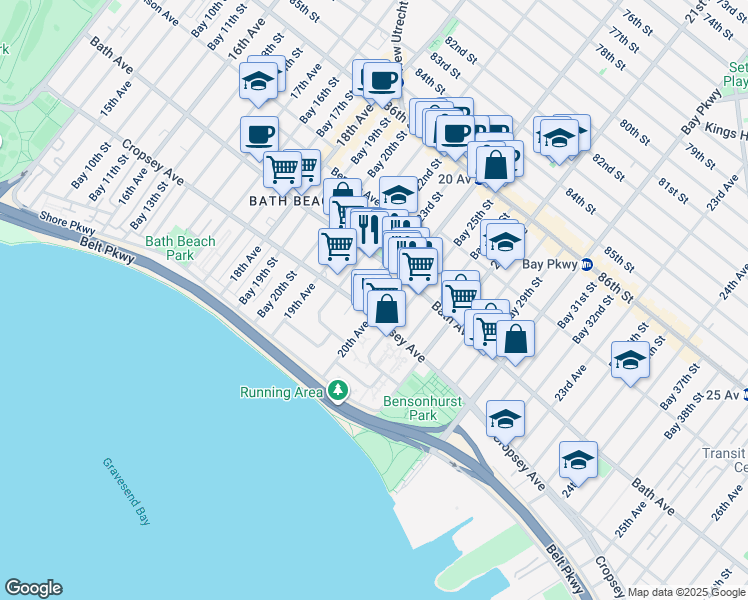 map of restaurants, bars, coffee shops, grocery stores, and more near 8800 20th Avenue in Brooklyn