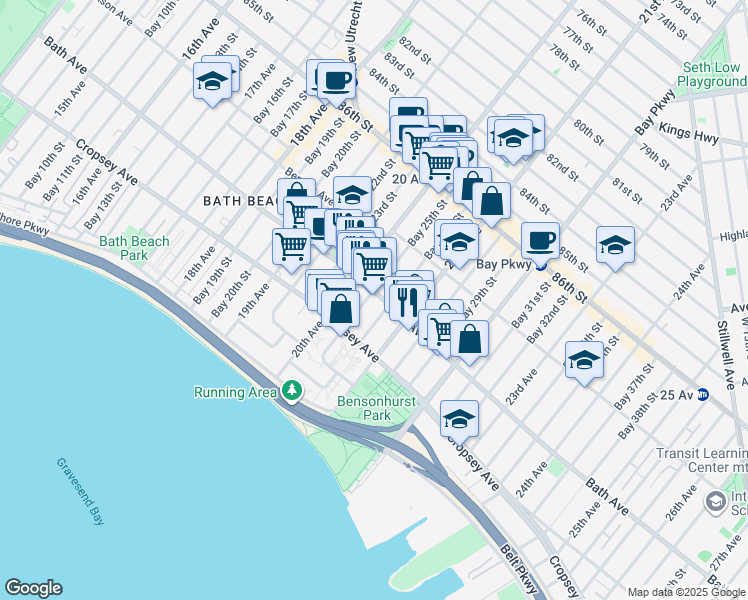 map of restaurants, bars, coffee shops, grocery stores, and more near 173 Bay 25th Street in Brooklyn